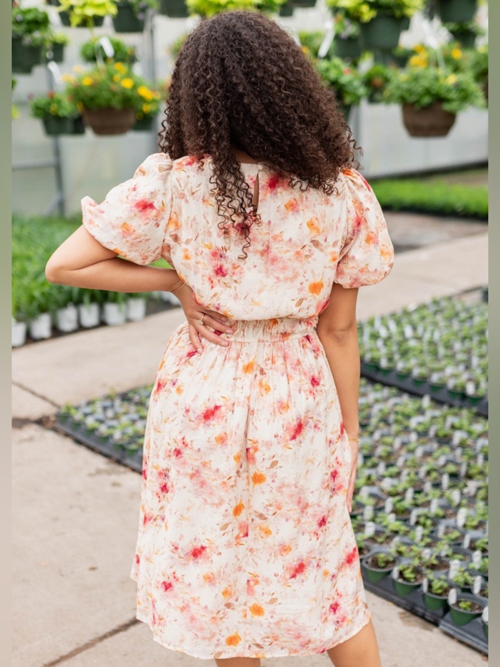 Floral Puff-Sleeve Midi Dress in Cream with Coral and Peach Accents - Modest - Picture 3 of 14